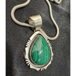 Navajo Malachite Sterling Silver Pendant Signed Rita Touchine Teardrop Necklace